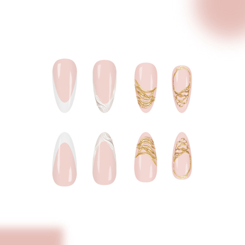 48Pcs-Medium Almond Nude White Wavy French Gold Foil Elegant Press on Nails