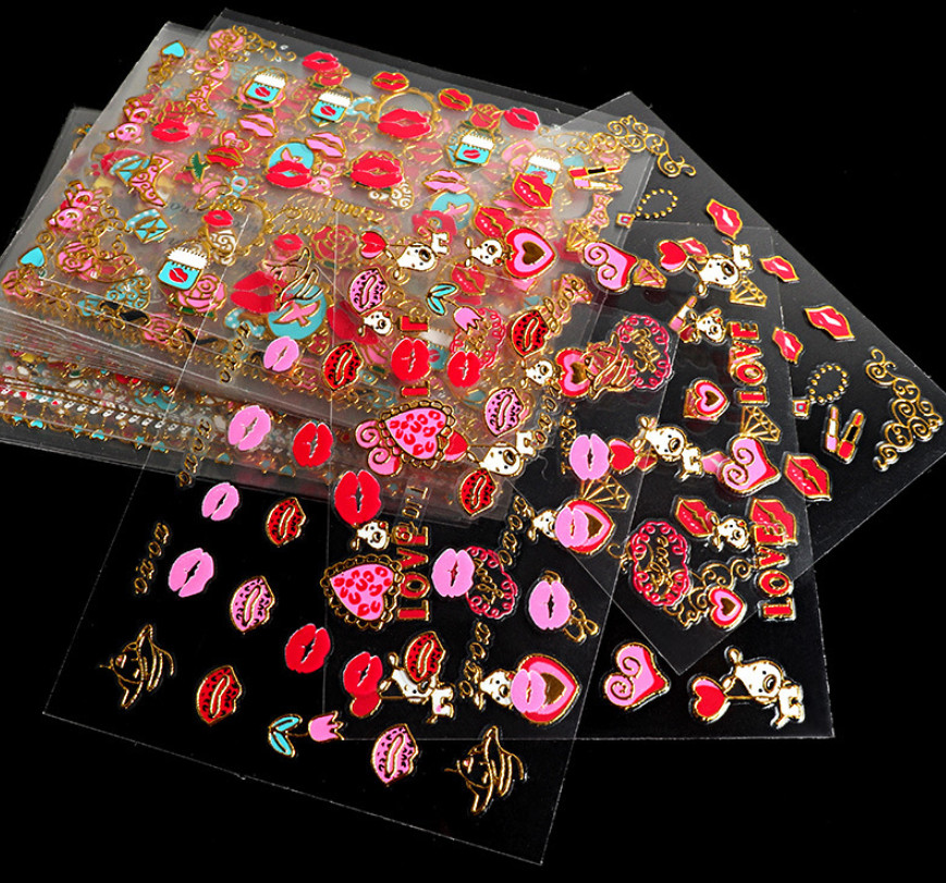 10PCS 3D Tip DIY Nail Art Stickers Gold Valentine Heart Love Red Lip Cake #13