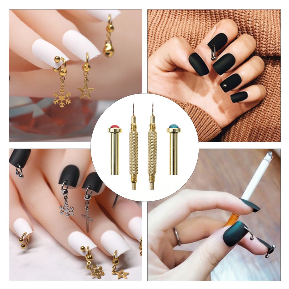 2Pcs Nail Art Piercing Tools Metal Nail Hand Drills Golden Color