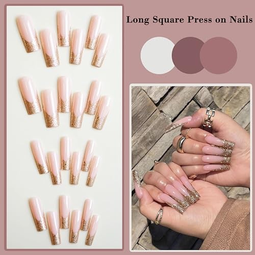 Square Press on Nails Long Fake Nails Gold Glitter French Tips 77-A14Golden