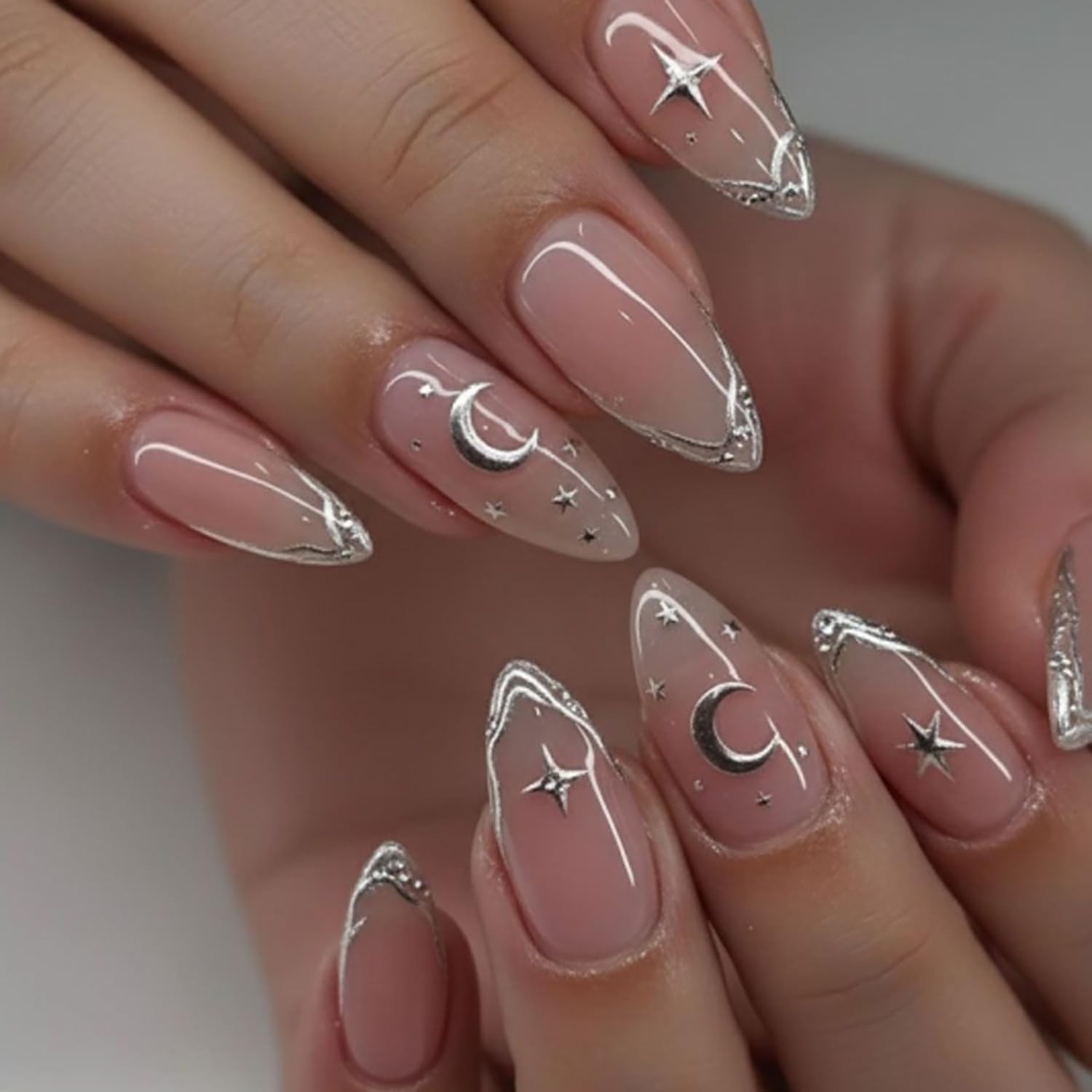 24pcs Almond Press On Nails Medium Almond Silver French Tip Fake Nails with 3…
