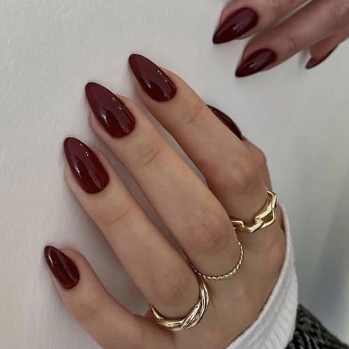 Press on Nails – Medium Almond Fake Nails with Burgundy, Acrylic 03302-2Red