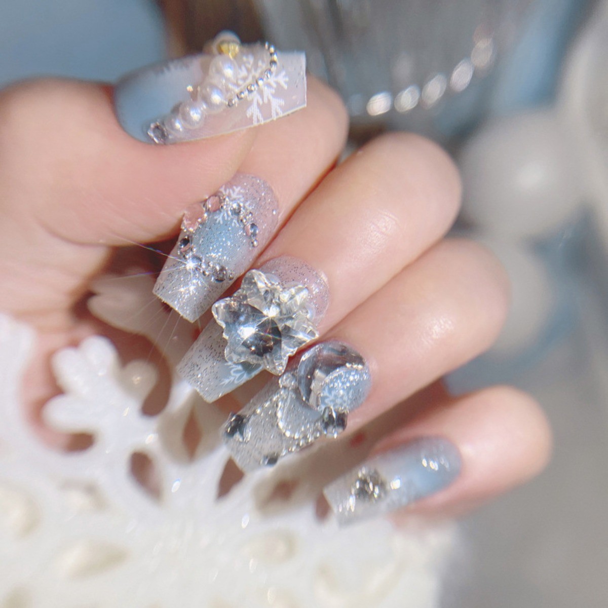 48Pcs-Long Square Blue White Snowflake Pearl Rhinestone Glitter Press on Nails