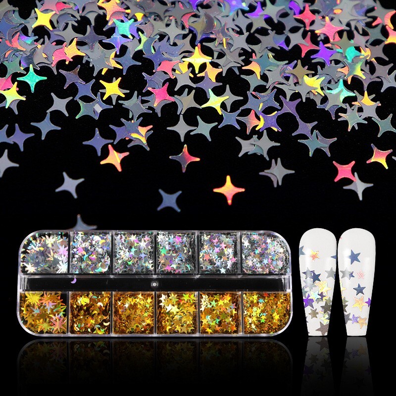 12 Grids Mix Nail Glitter Sequins Star Moon Shape Flakes Nail Art 3D Decoration