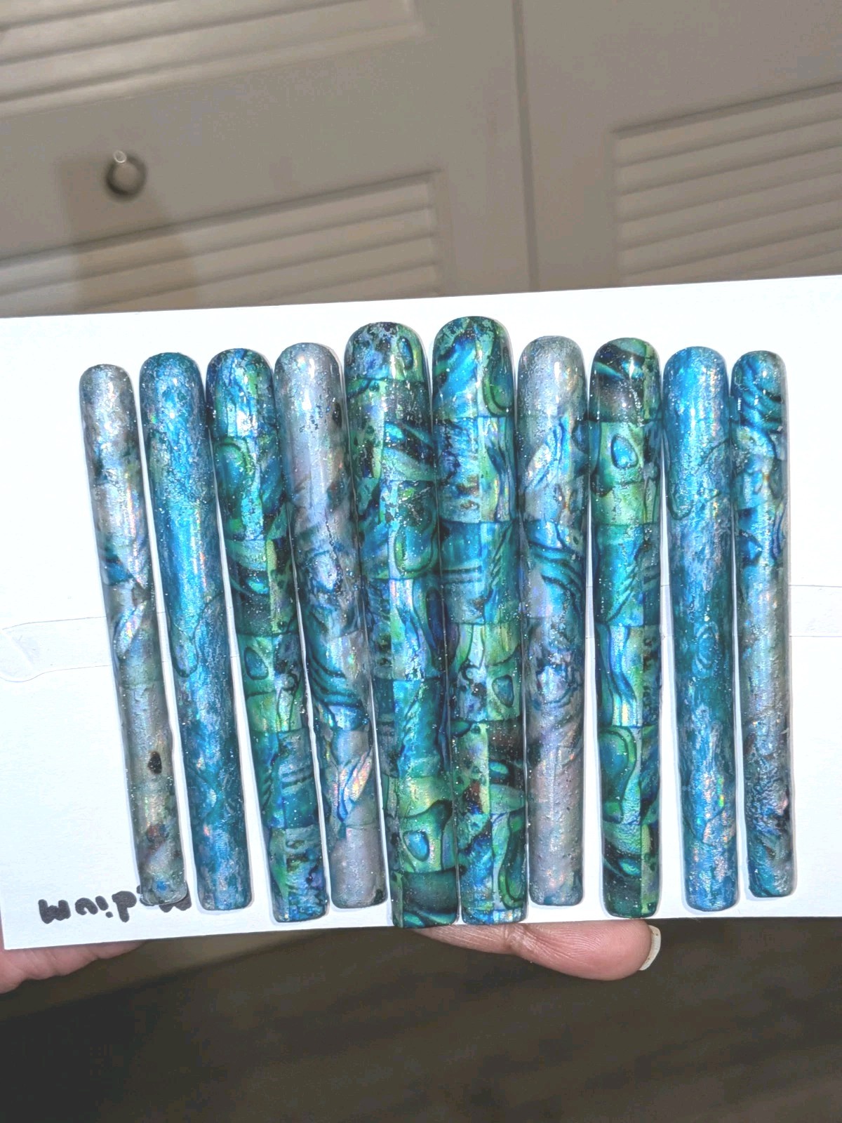 Hand Crafted 6Xl Acrylic Teal and Blue Marble Long Press-On Nails Sz Medium