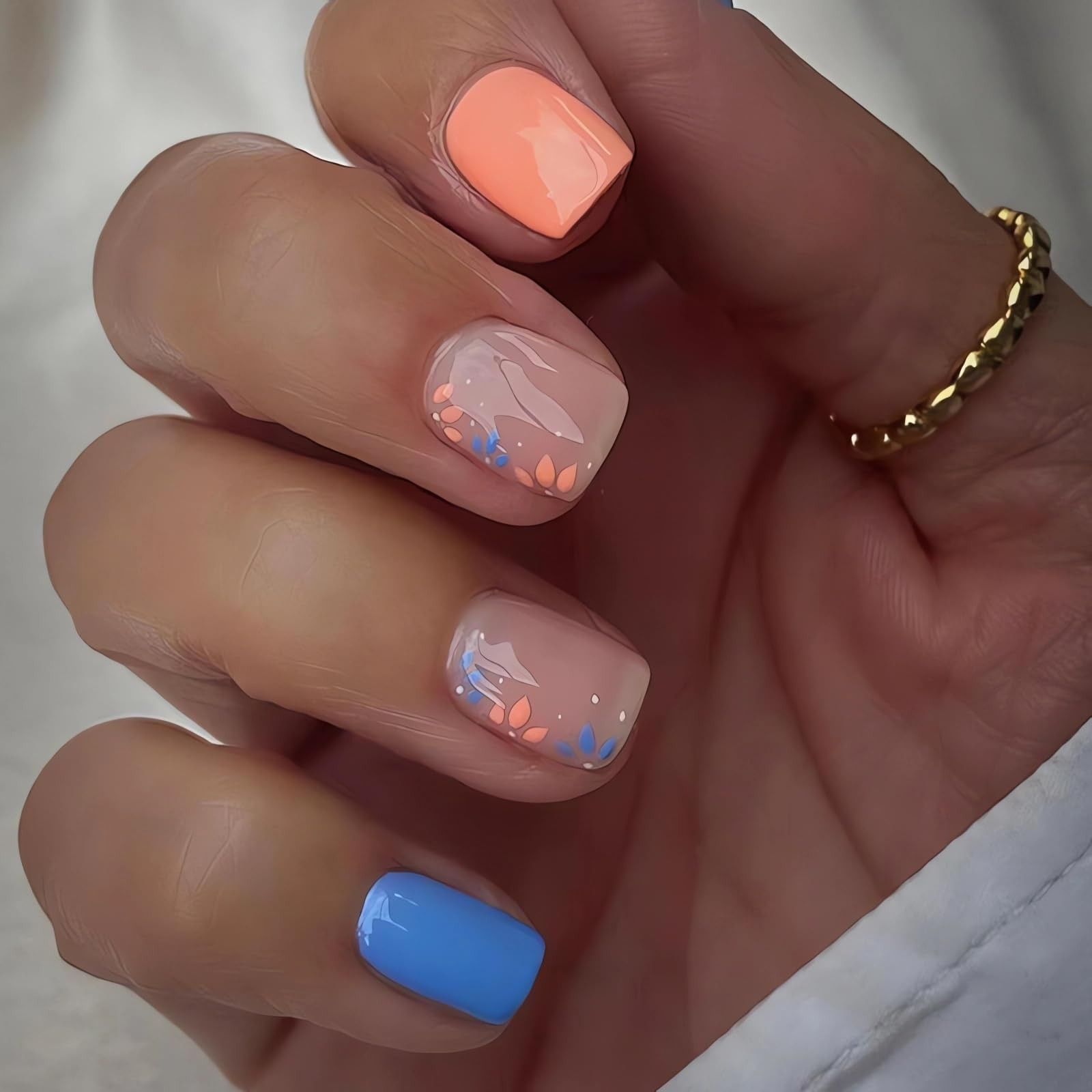Short Press on Nails Square Fake Nails Blue Orange Flowers Glue on Nails Spri…