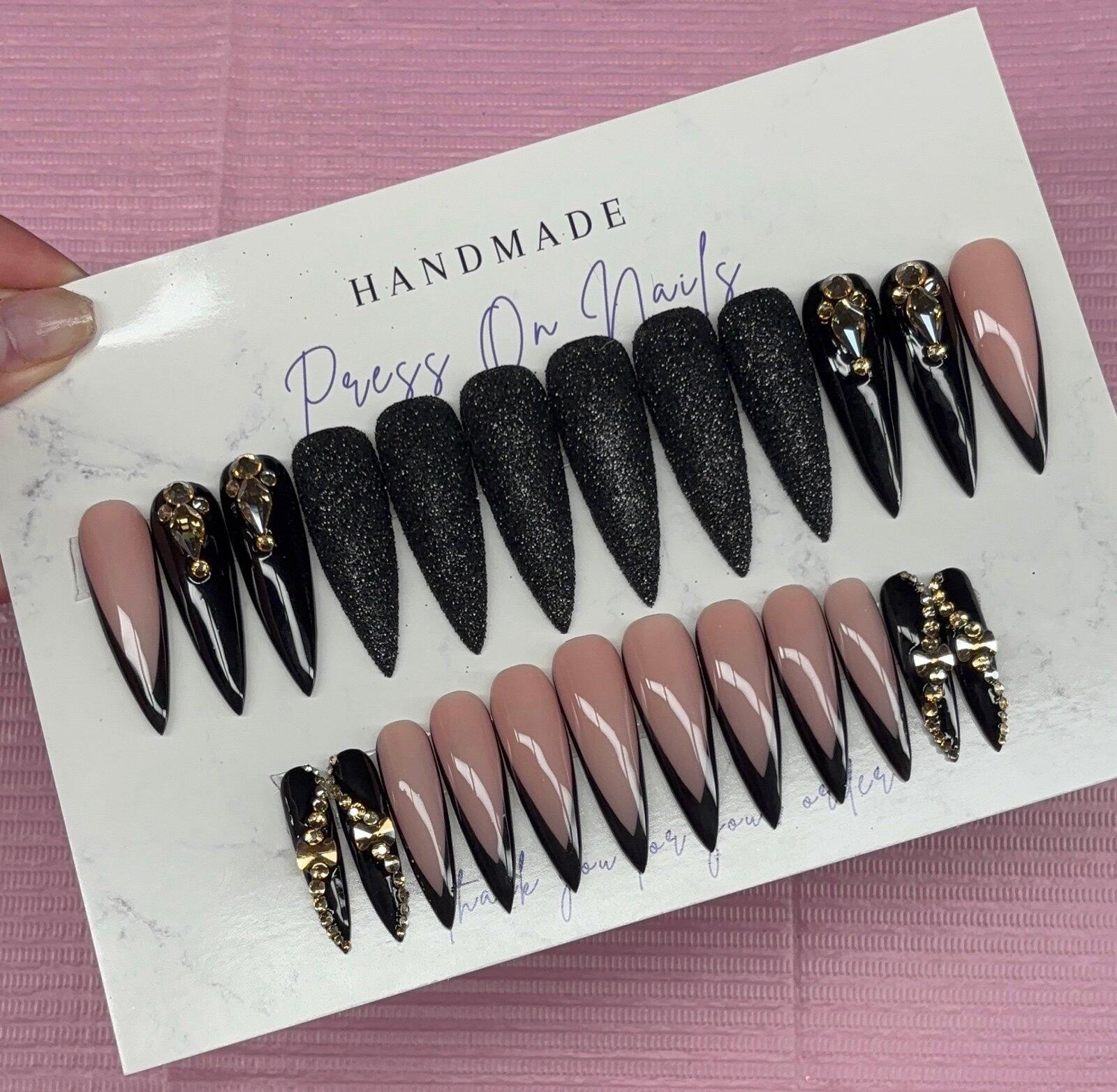Extra long stiletto press on nails black deep v French tip rhinestones glitter
