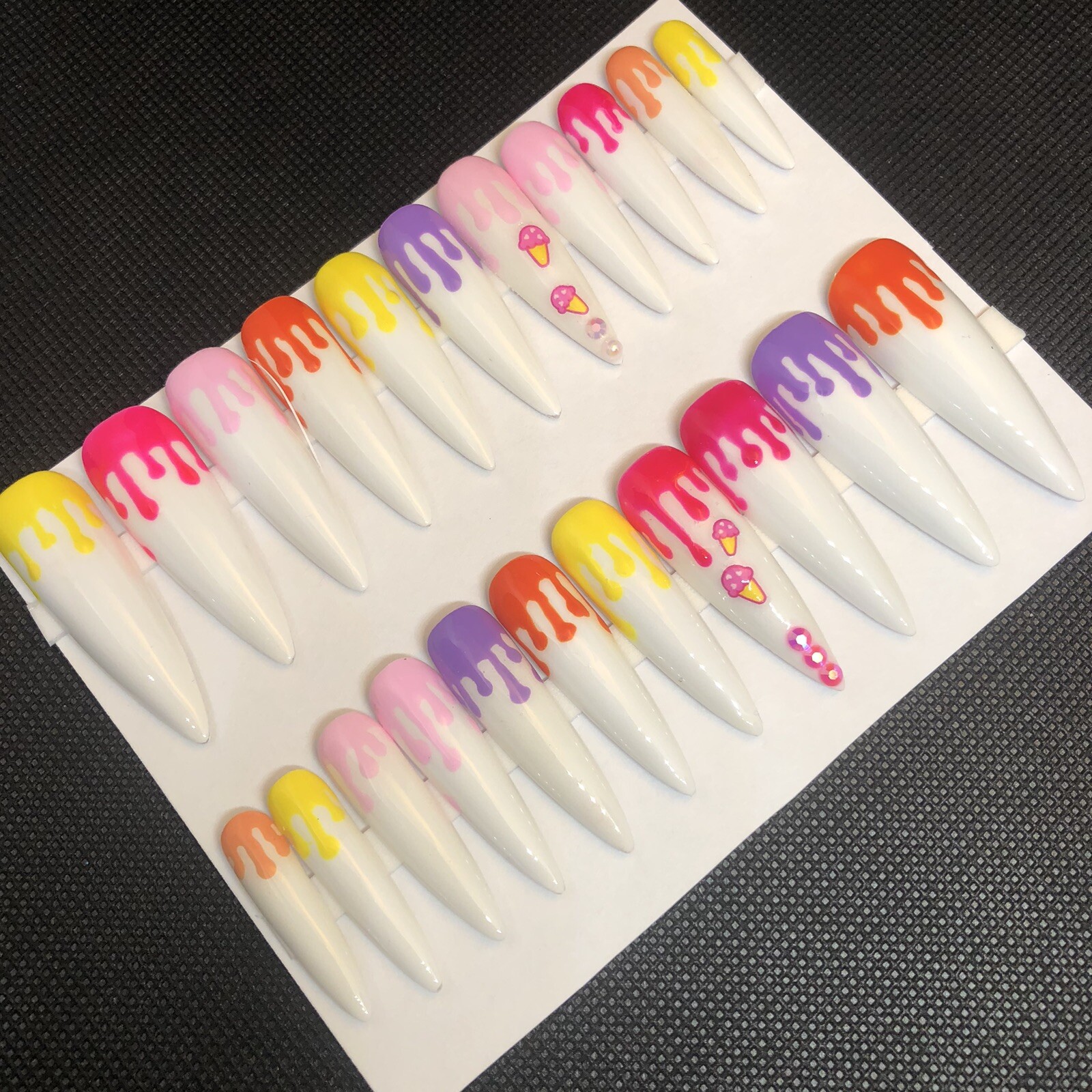 Custom Handmade Press On Nails UV Gel 2X Long Stiletto Melting Ice Cream Nails