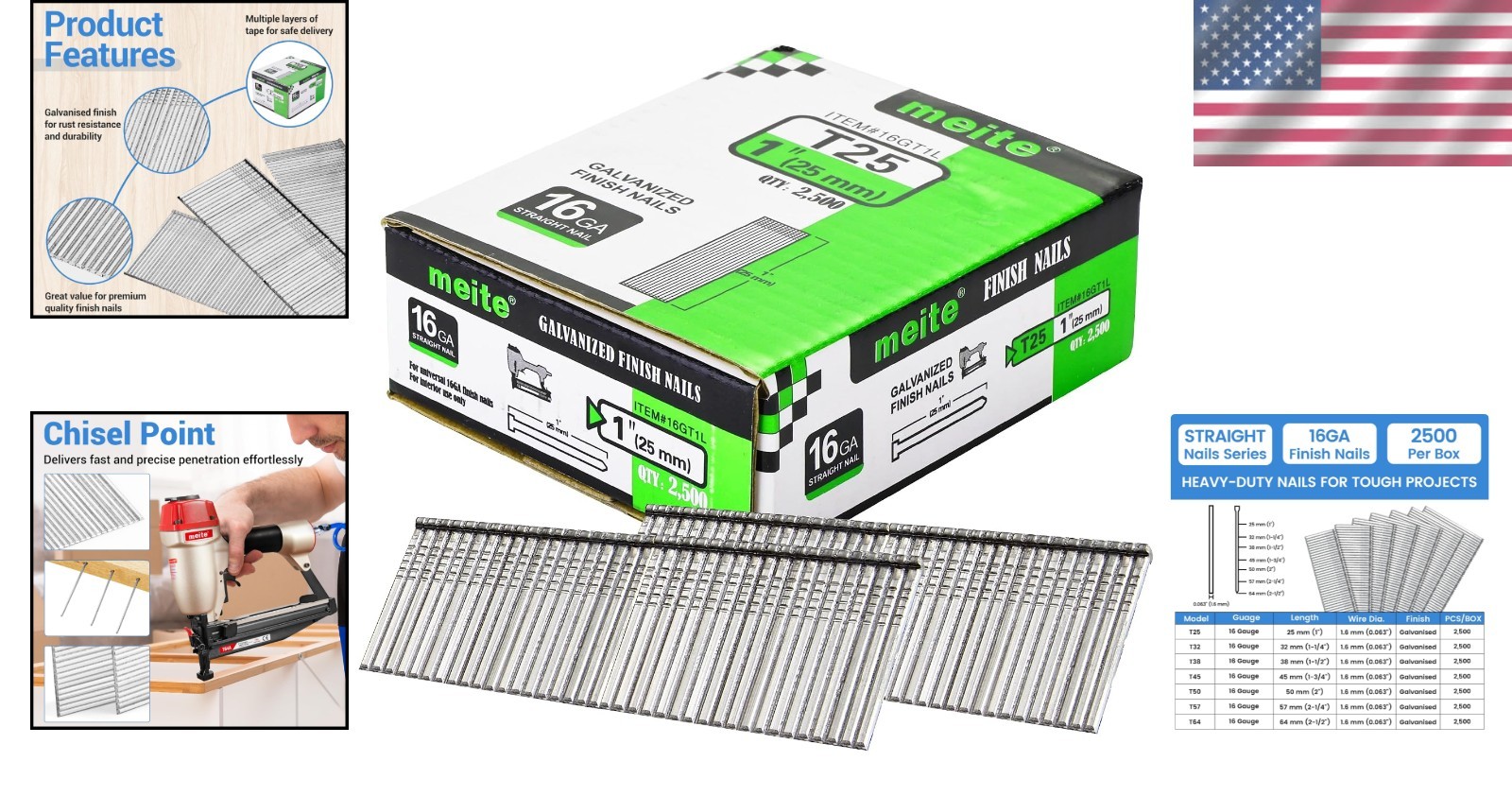 Rust-Proof 16 Gauge 1 Inch Finish Nails – 2500PCS for Precision Carpentry