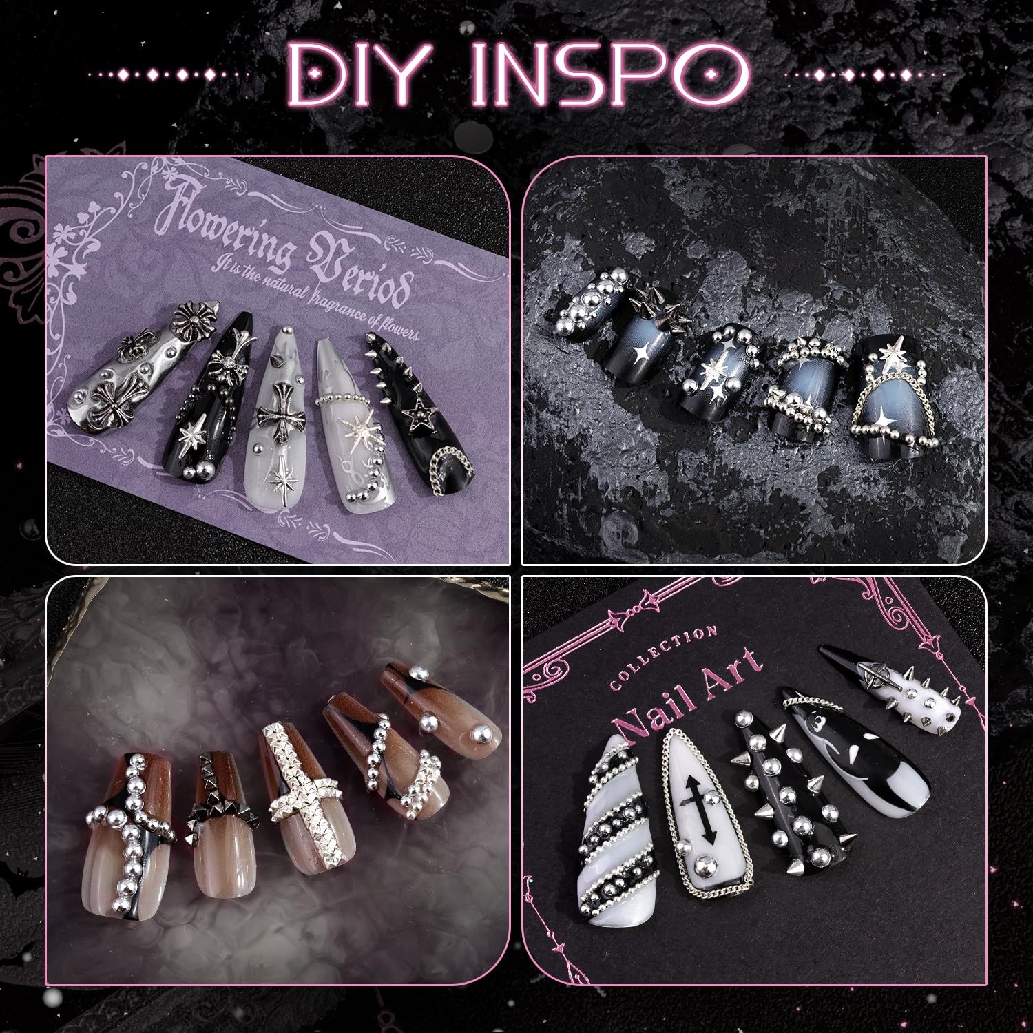 3D Gothic Nail 1.5Mm, 2Mm, 3Mm, 01 Punk Charms Kit 1 (Silver and Black)
