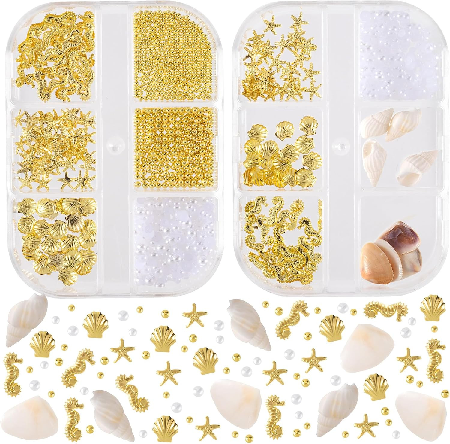 2 Boxes Ocean Beach Nail Art Charms, Gold 3D Starfish Seashell Nail Decoration G