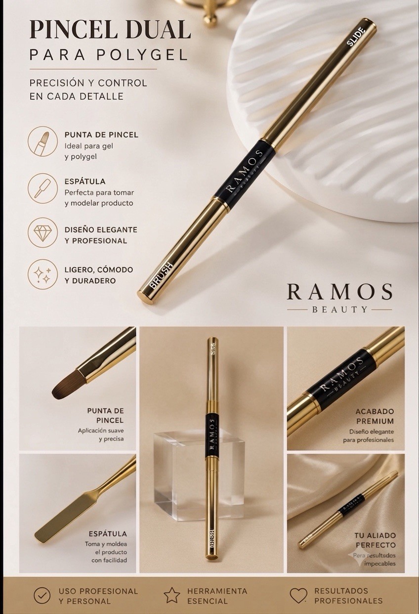 Ramos Beauty Dual Brush Double Head Metal Nail Tool Gold/Black for Gel Polygel