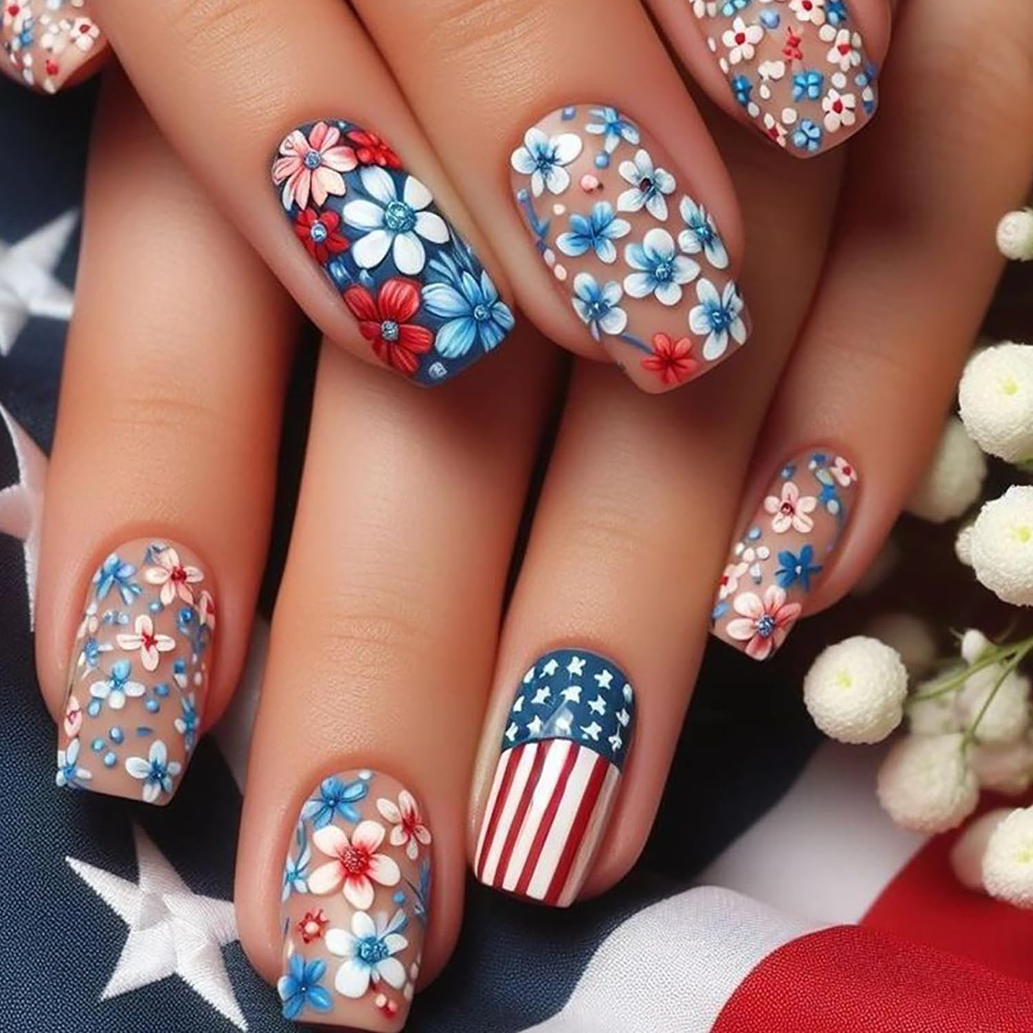 Independence Day Press on Nails Medium Square Stars Glitter Powder Sequins Desig