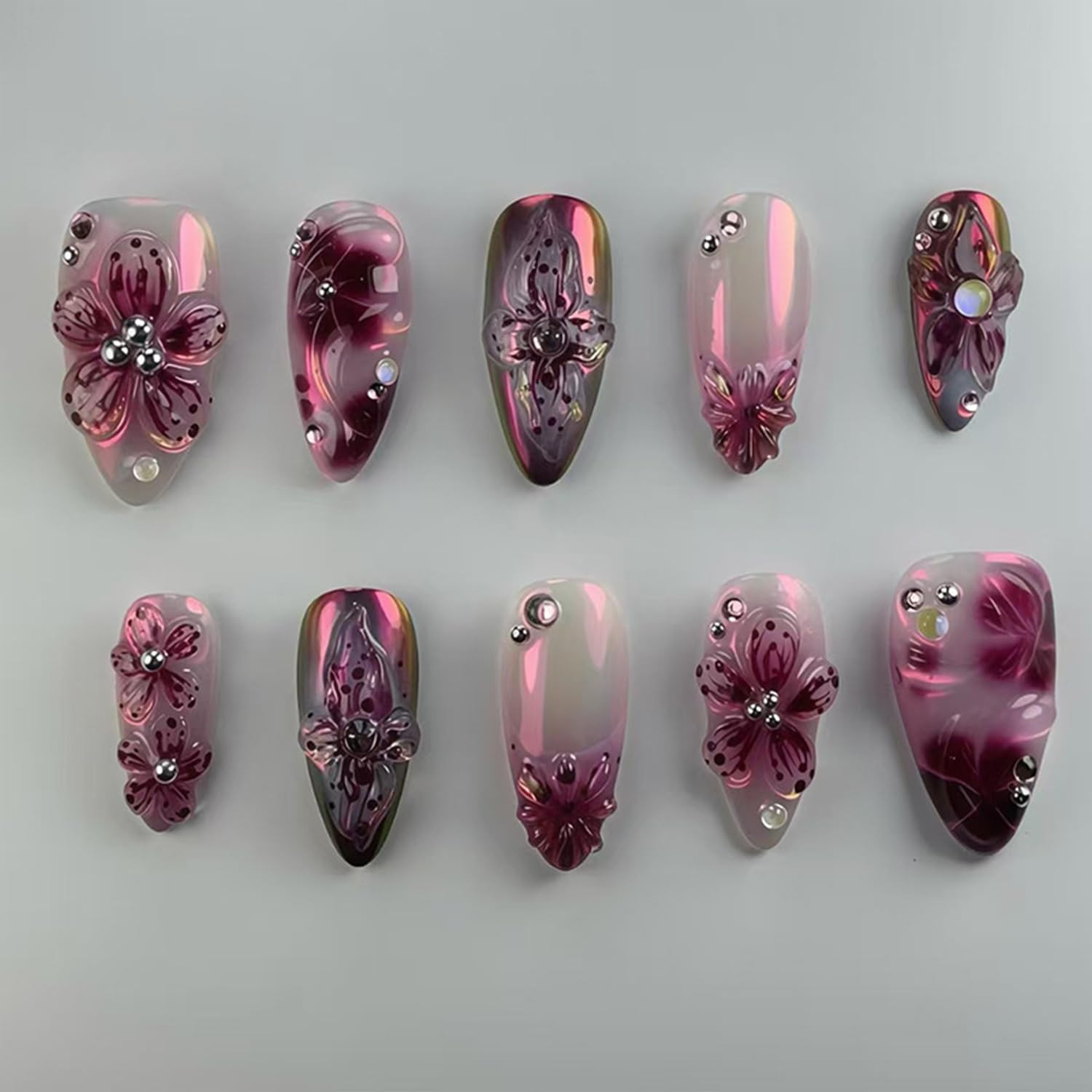 24Pcs Purple Flower Press on Nails Almond Medium Fake Nails 3D Flower False Nail