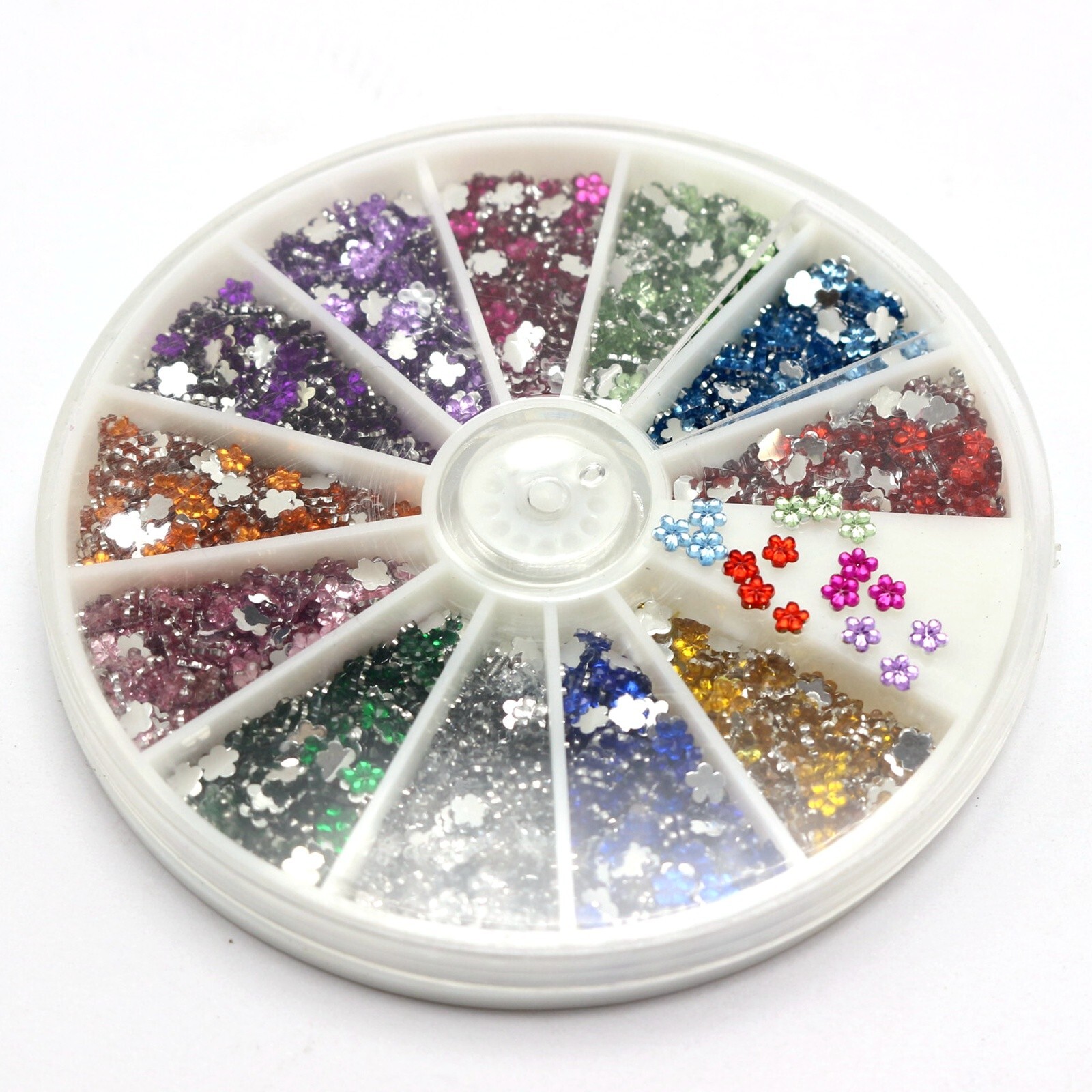 2400 Flower 3mm Flatback Acrylic Rhinestone Gems with Wheel 12 Colour Nail Art