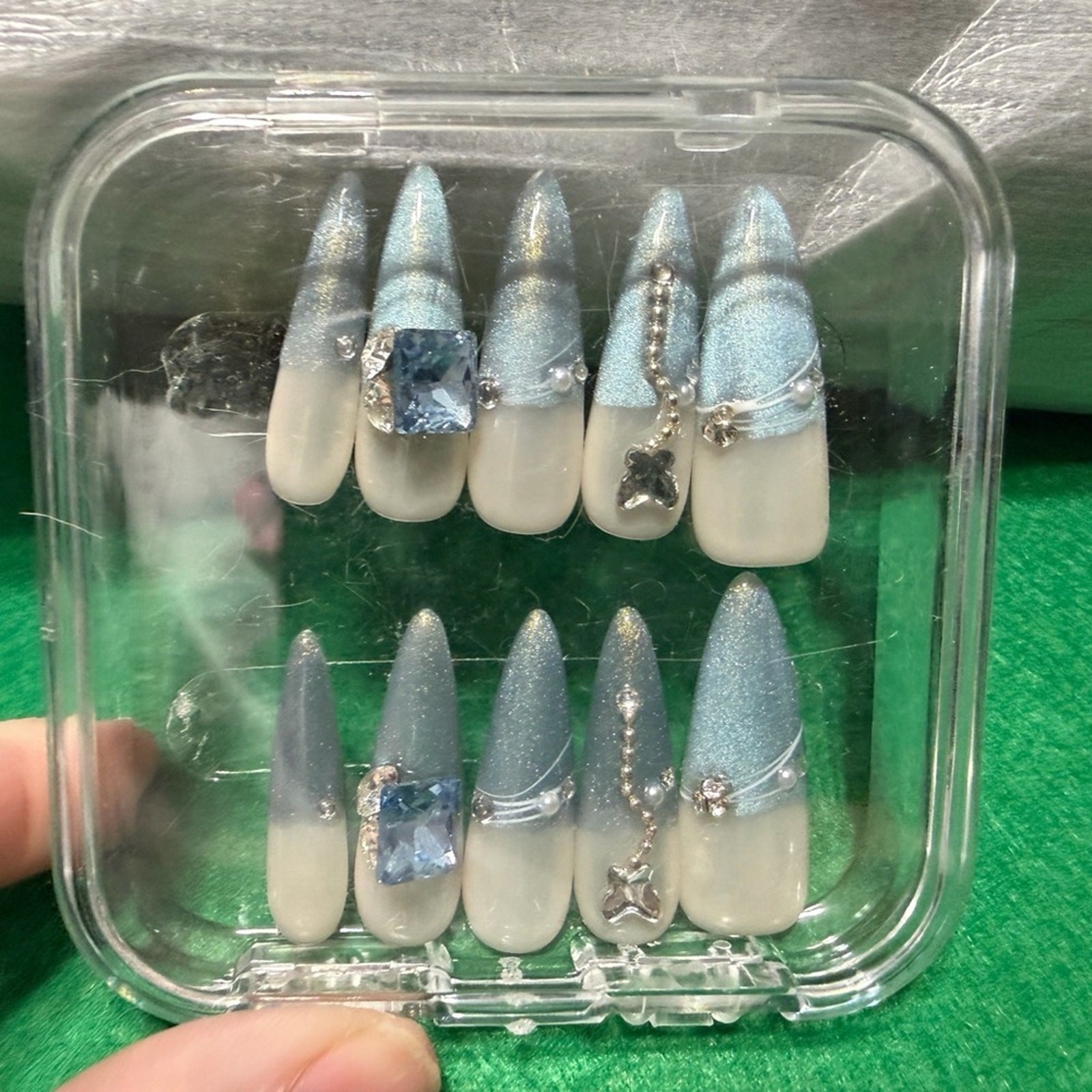 Assorted Nail Art Set with Green, Nude and Blue Silver Designs w/ Nail Kit