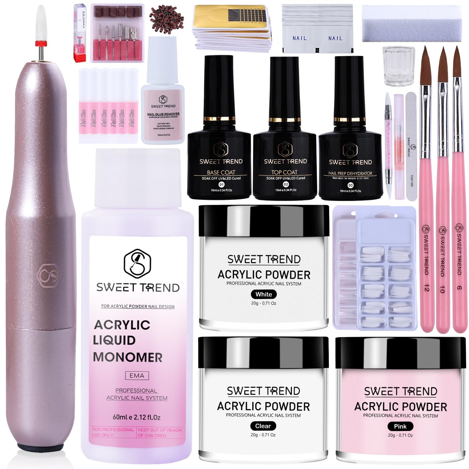Acrylic Nail Kit for Beginners – 20g Clear Pink White Powder, Drill & Tools Set