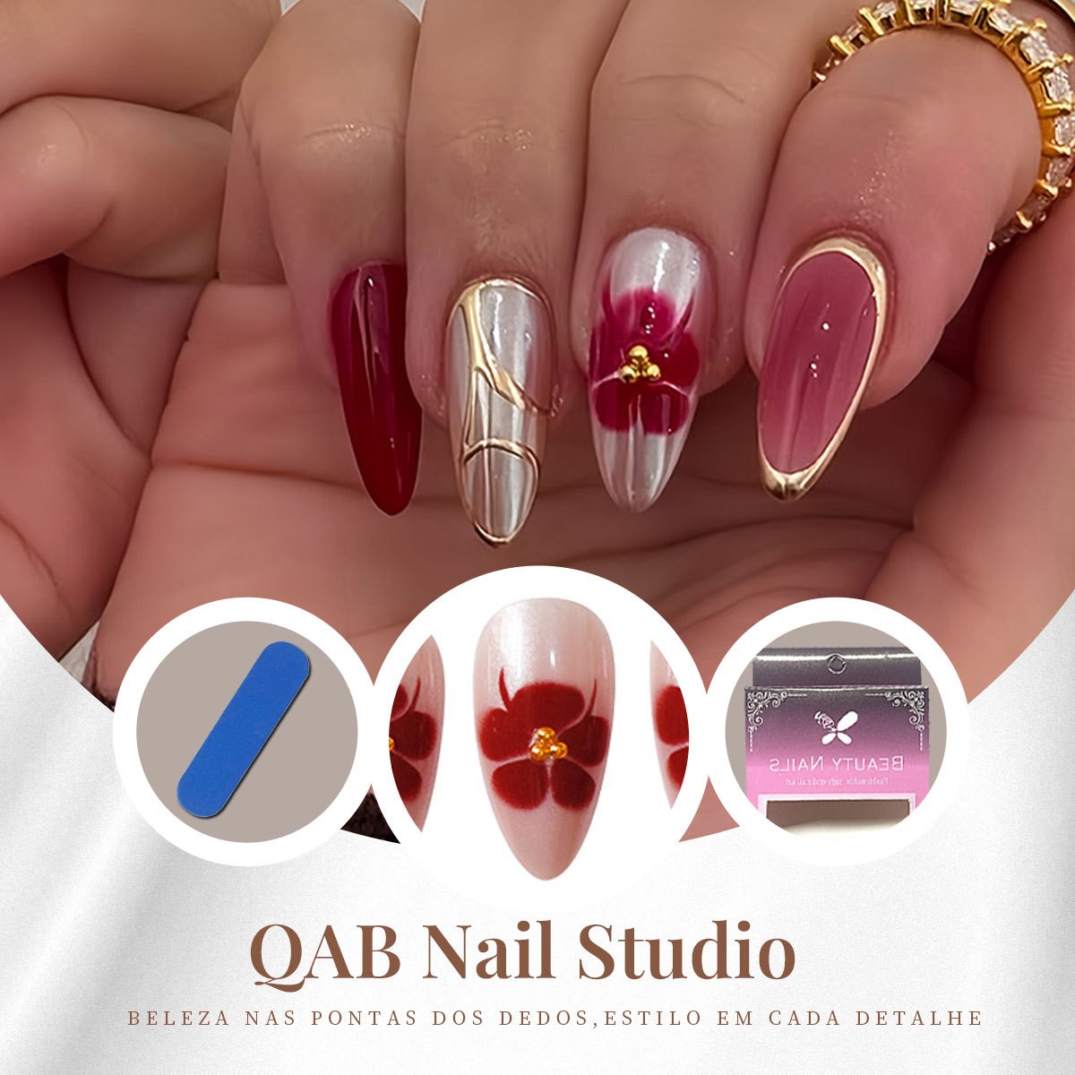 Red Gold Gradient Metallic Floral Line Nails INS Style Press On Nails Wholesale