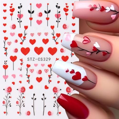 Valentine’s Day Nail Art Stickers Red Heart Nail Decals with Rose style6