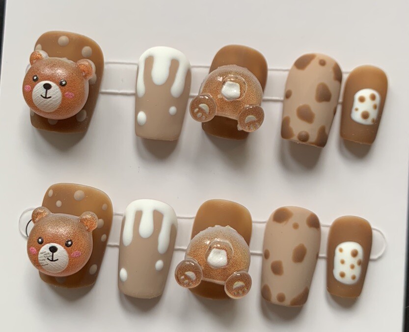 Press On Nails Medium Teddy Bear Short Nail. For Women And Girls.