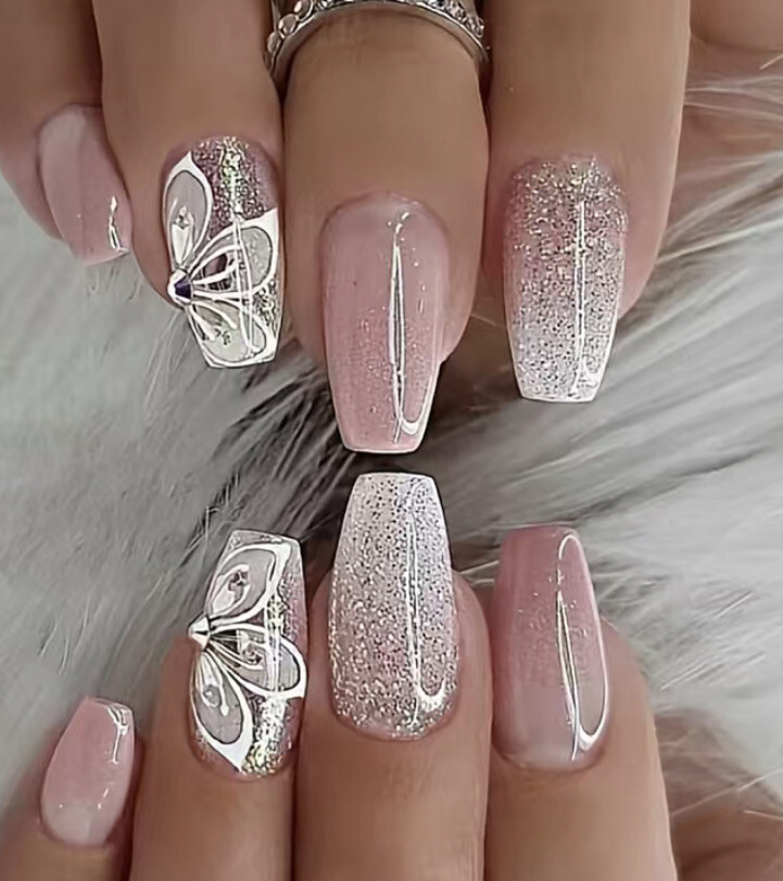 24 Piece Coffin Shaped Pink Glitter Flower Press Ons Fake Nails Glossy