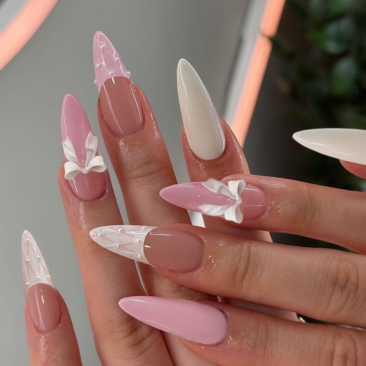 24pcs Pink Bow French Press On Nails – Long Coffin Fake Nail with 3D Lace Design