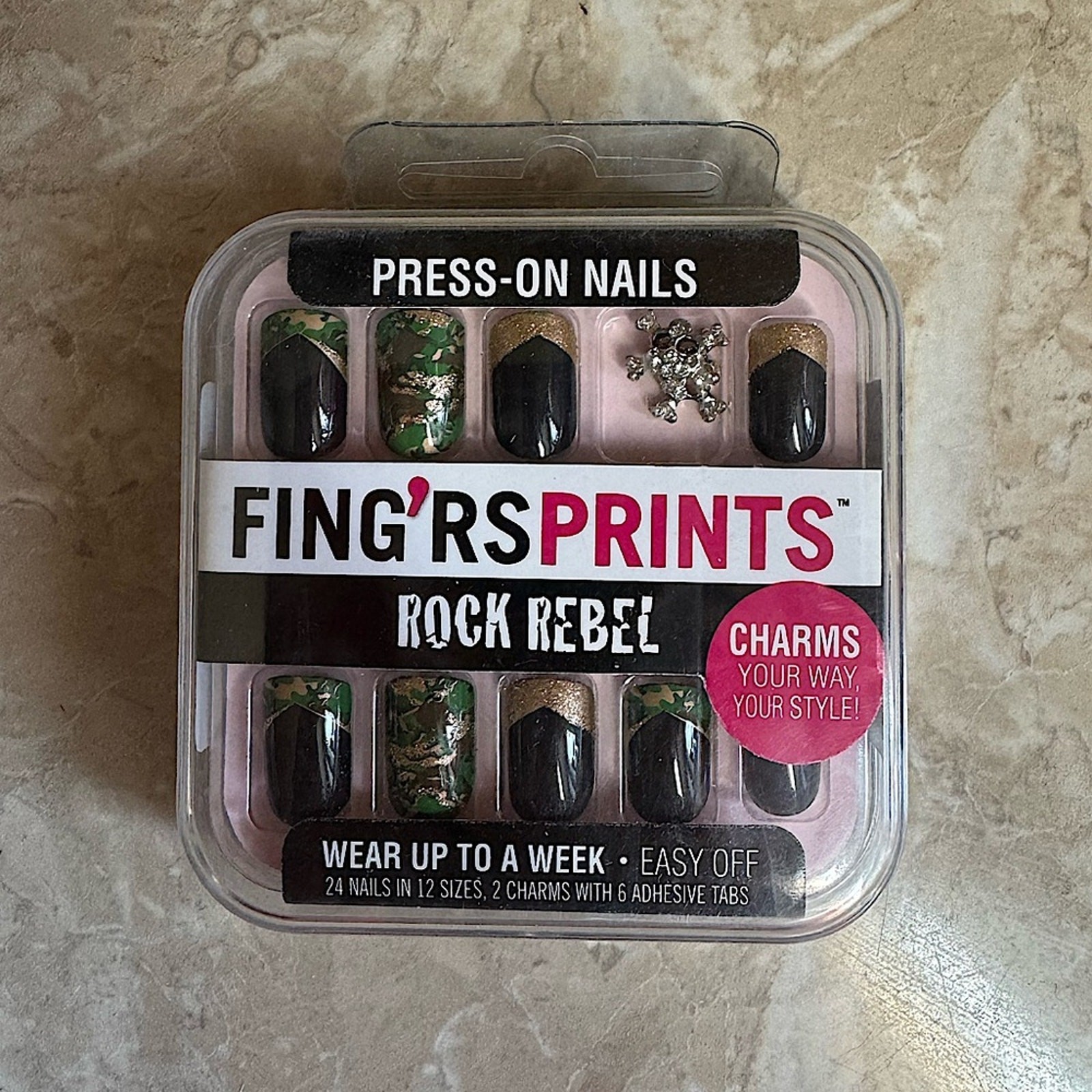 FING’RSPRINTS ROCK REBEL Press On Nails 24 Camo Gold Nail Set Skull Charms NEW