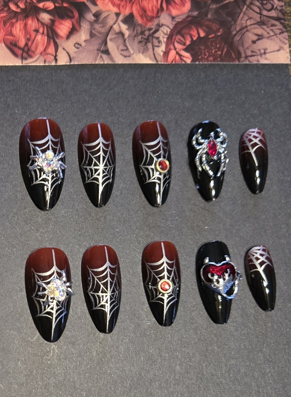 Black Red Silver Spiders Webs Red Gemstones Press On Nails Halloween Decorated
