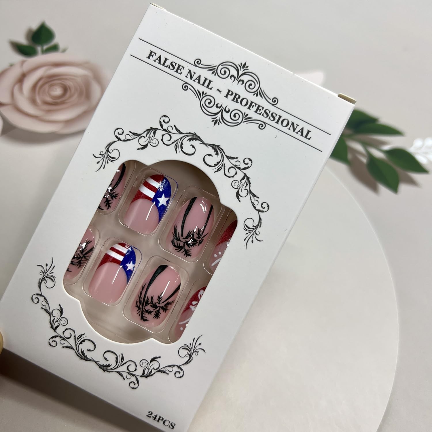 4th of July Press on Nails Tropical Palm Tree Flower Red White Blue Patriotic…