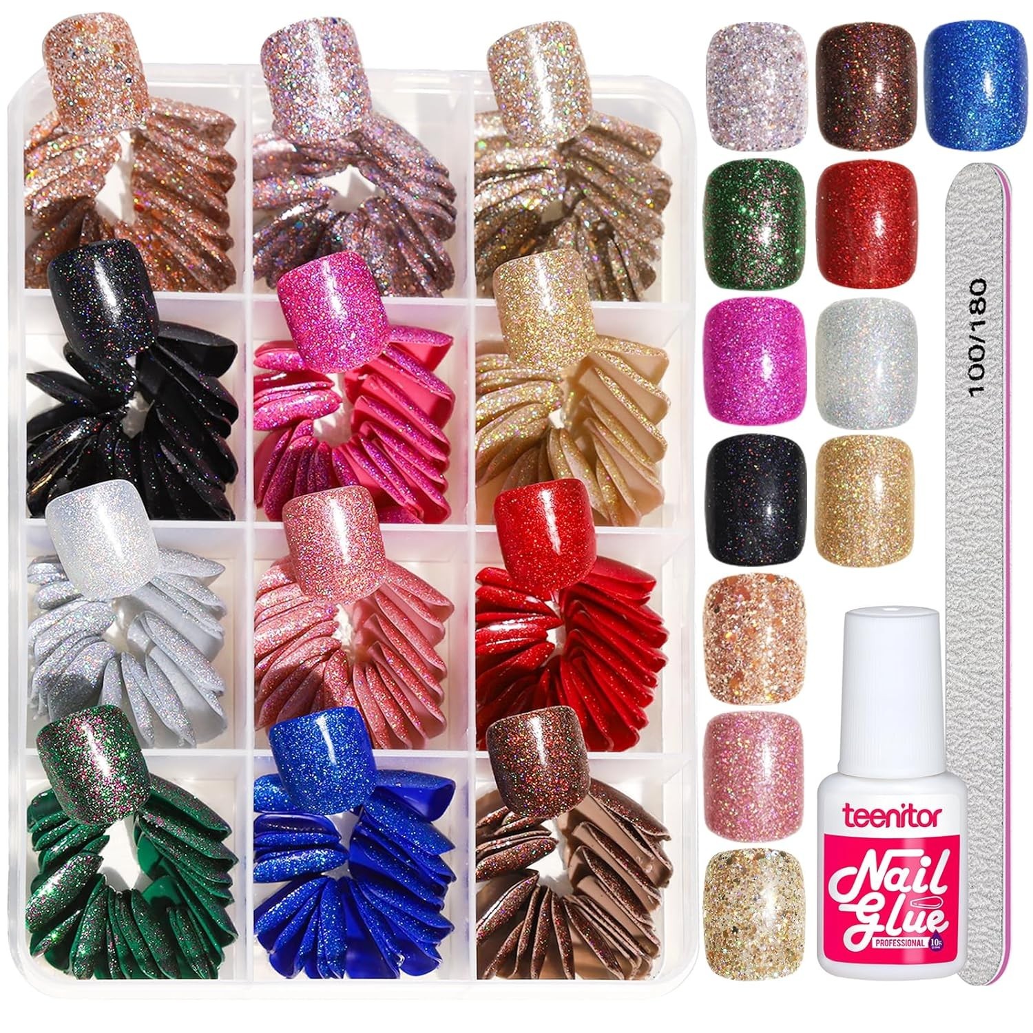 Glitter Short Square False Nails 288 Pieces with Nail Glue and File for Styling