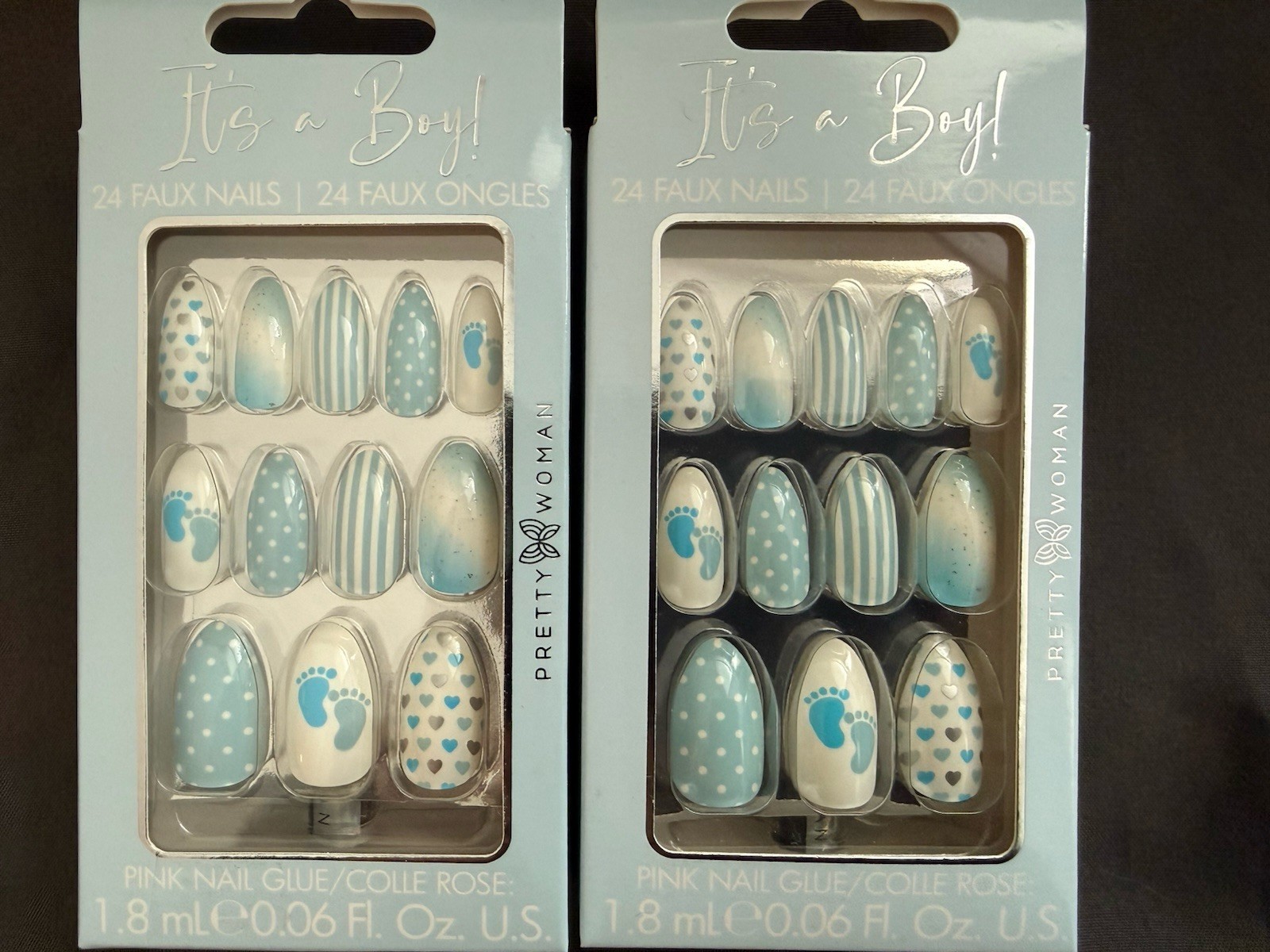 24 Faux Nails, It’s A Boy, Pretty Woman, Press On Glue Included. NEW Two Sets