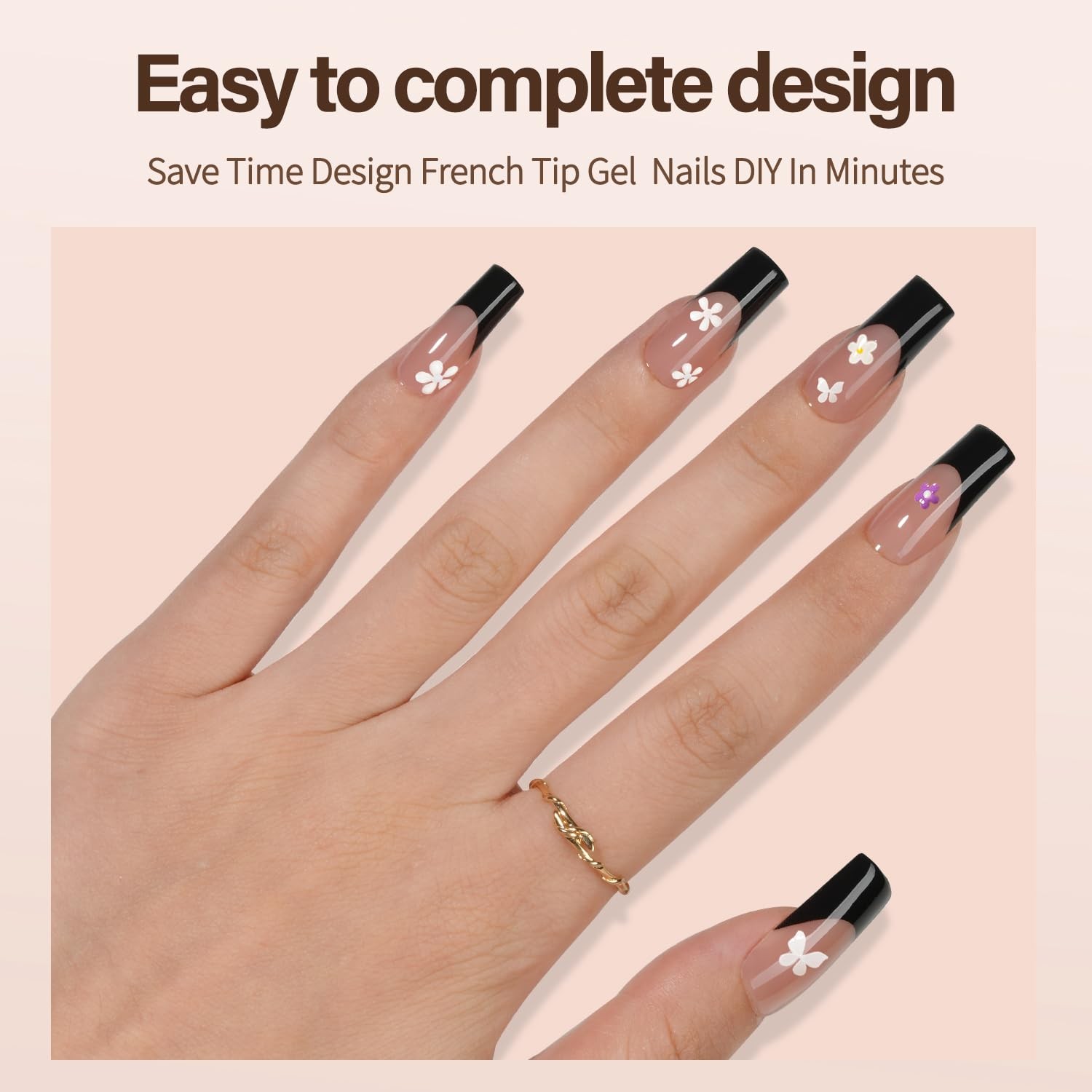 150Pcs Black French Gel Nail Tips, Long Square Nail Tips, Pre-French Tips Pre…