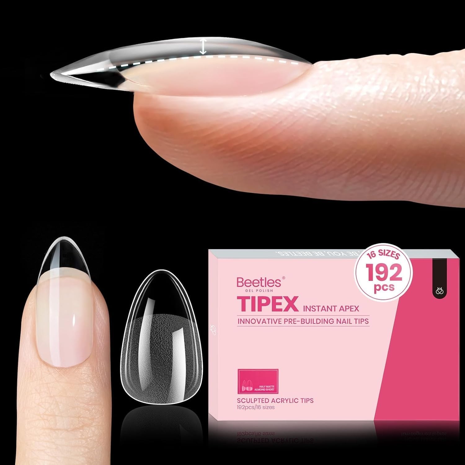 Beetles Tipex Instant Apex Nail Tips Almond Medium Acrylic Nail Tips, Pre-Etched