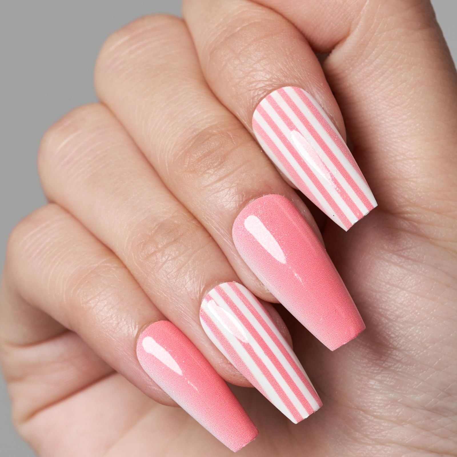 Press on Nails Coffin Long, Winter Pink Medium Length False Nails with Design…
