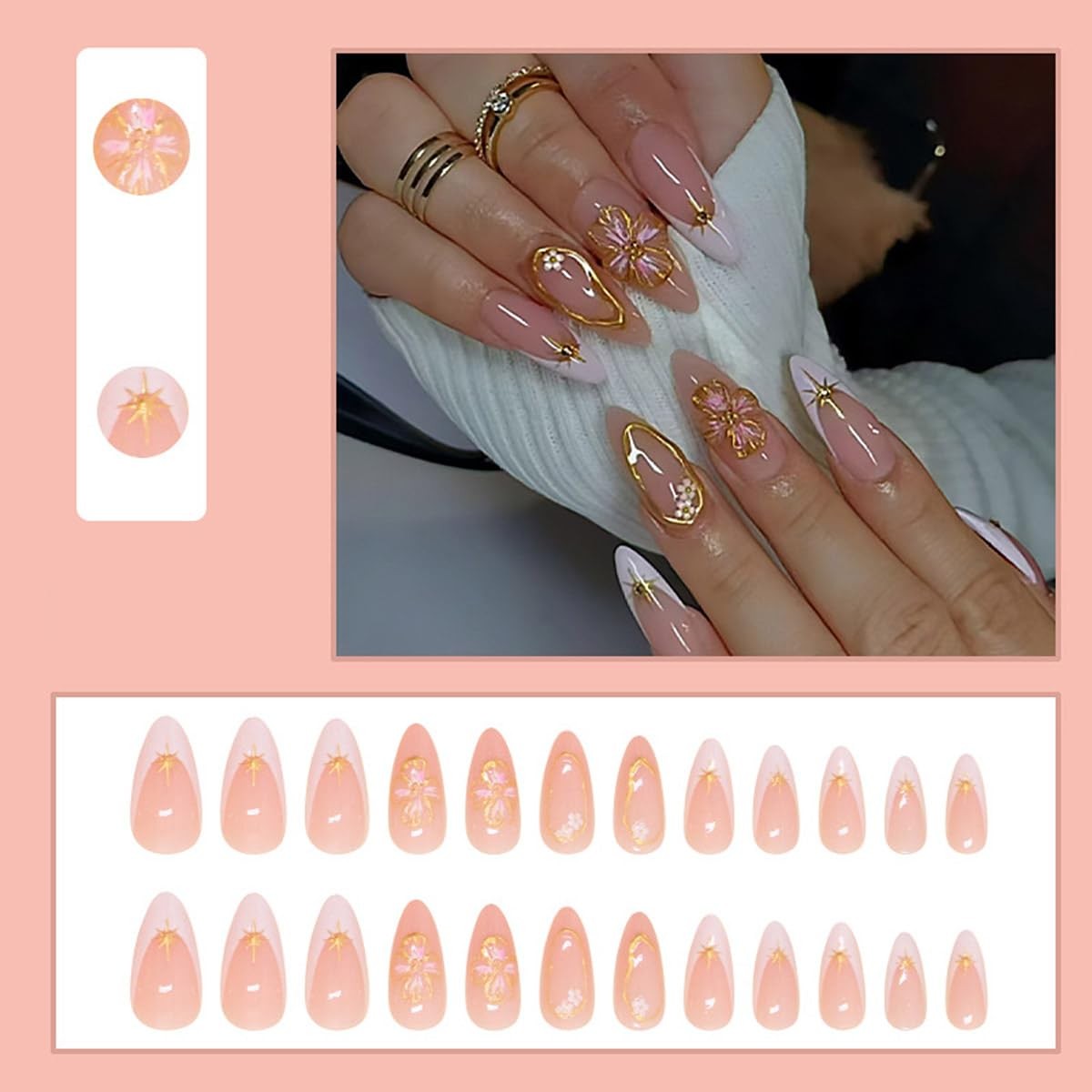 White French Tip Press on Nails Gold-Stamped Pink Flower Fake Nails Medium Al…