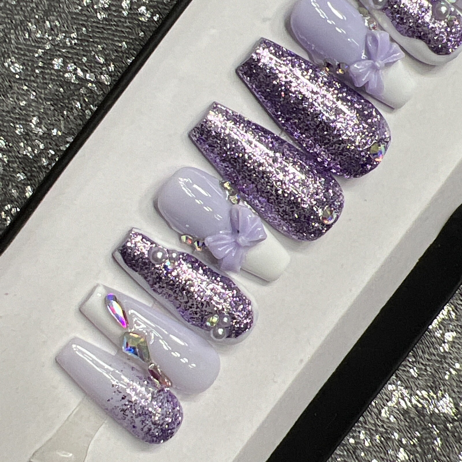 🤍 CUSTOM Hard Gel Press On Nails, Purple BLING 10p Set MED COFFIN NEW Kit