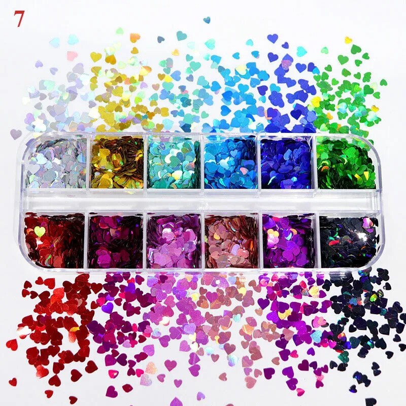 12 Grid 3D Love Heart Nail Art Glitter Holographic Laser Chunky Face Body Tattoo