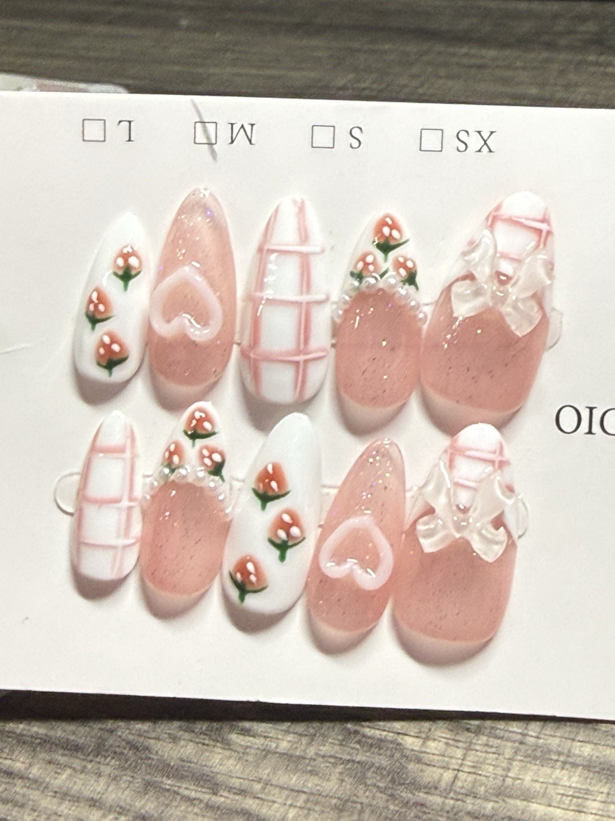 Handmade Acrylic 3D Almond Press-On Nails Pink White Floral Heart Bow Medium