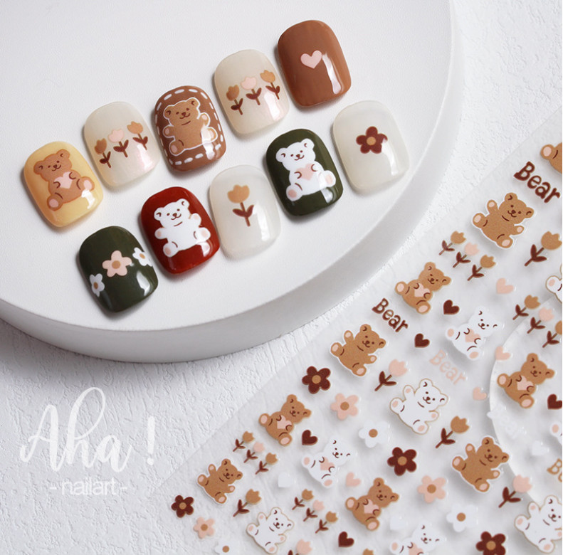 Nail Art 3D Decal Stickers Animal Bear Heart Flower Paw Print Peel & Stick NH20