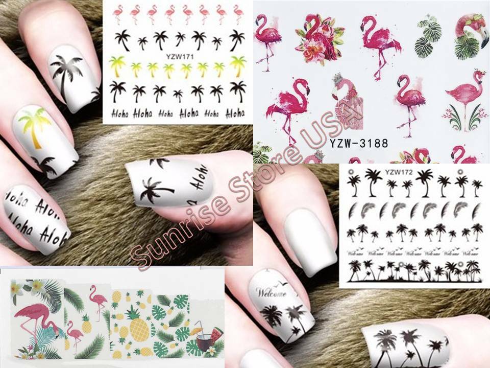 Nail Art Water Transfer Sticker Palm Tree Aloha Feather Flamingo Bird Decals DIY