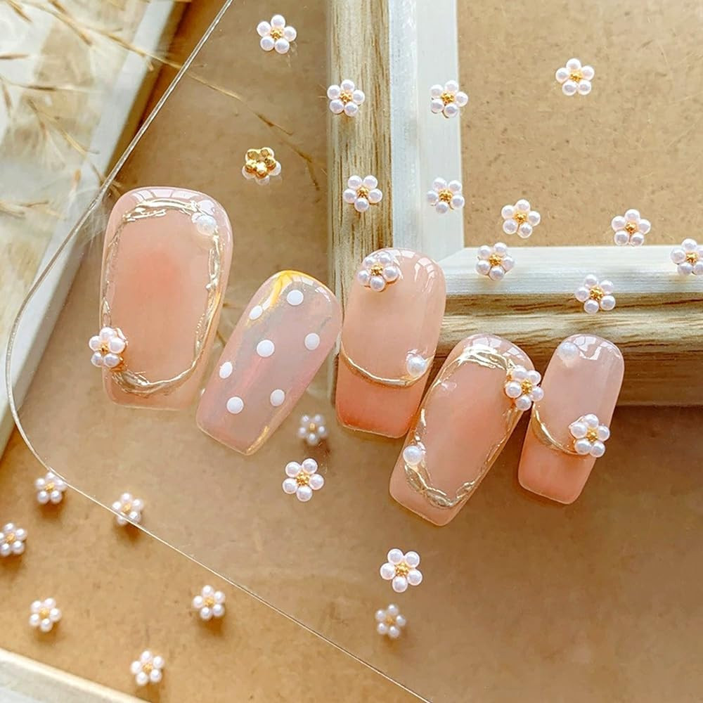 3D White Pearl Flower Nail Charms Cute Pearls Flowers for Nails Design Floral Na