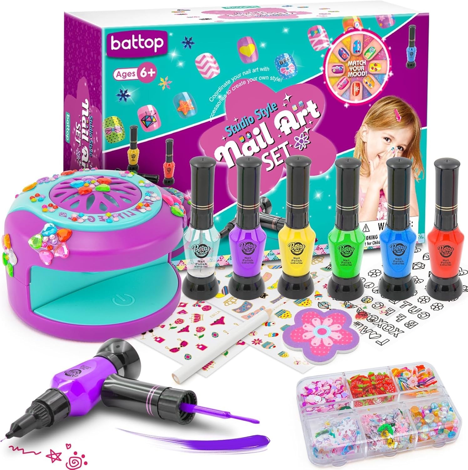 Kids Nail Art Kit for Girls Ages 7-12 with Nail Dryer & 2 in 1 Water Based Na…