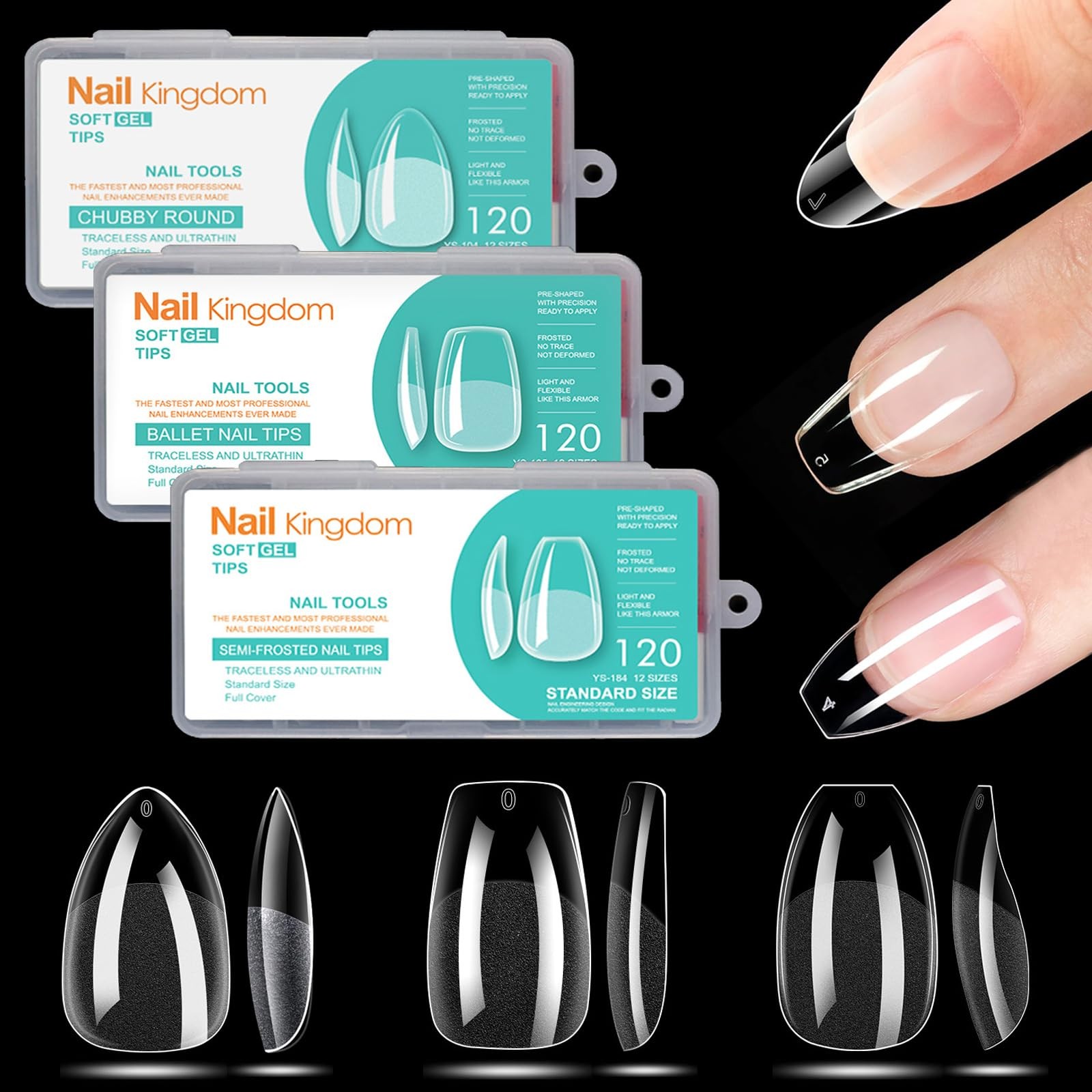 Soft Gel Nail Tips Short Almond Coffin Ballerina Nails Kit, 3 Styles 360PCS F…