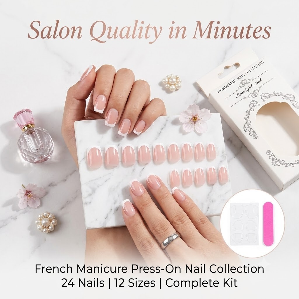 White French Tip Press on Nails Short Square False Nails Nude Pink Coffin