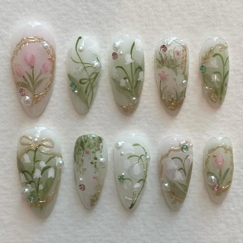 Mkwntg 24Pcs Green Flower Press on Nails Medium Almond Medium, Multicolor