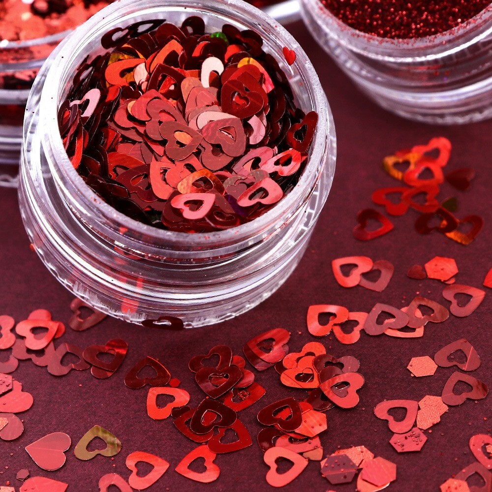 6 Pots Red Nail Art Powder Sequins Set for Valentine’s Day Glitter Flakes DIY De
