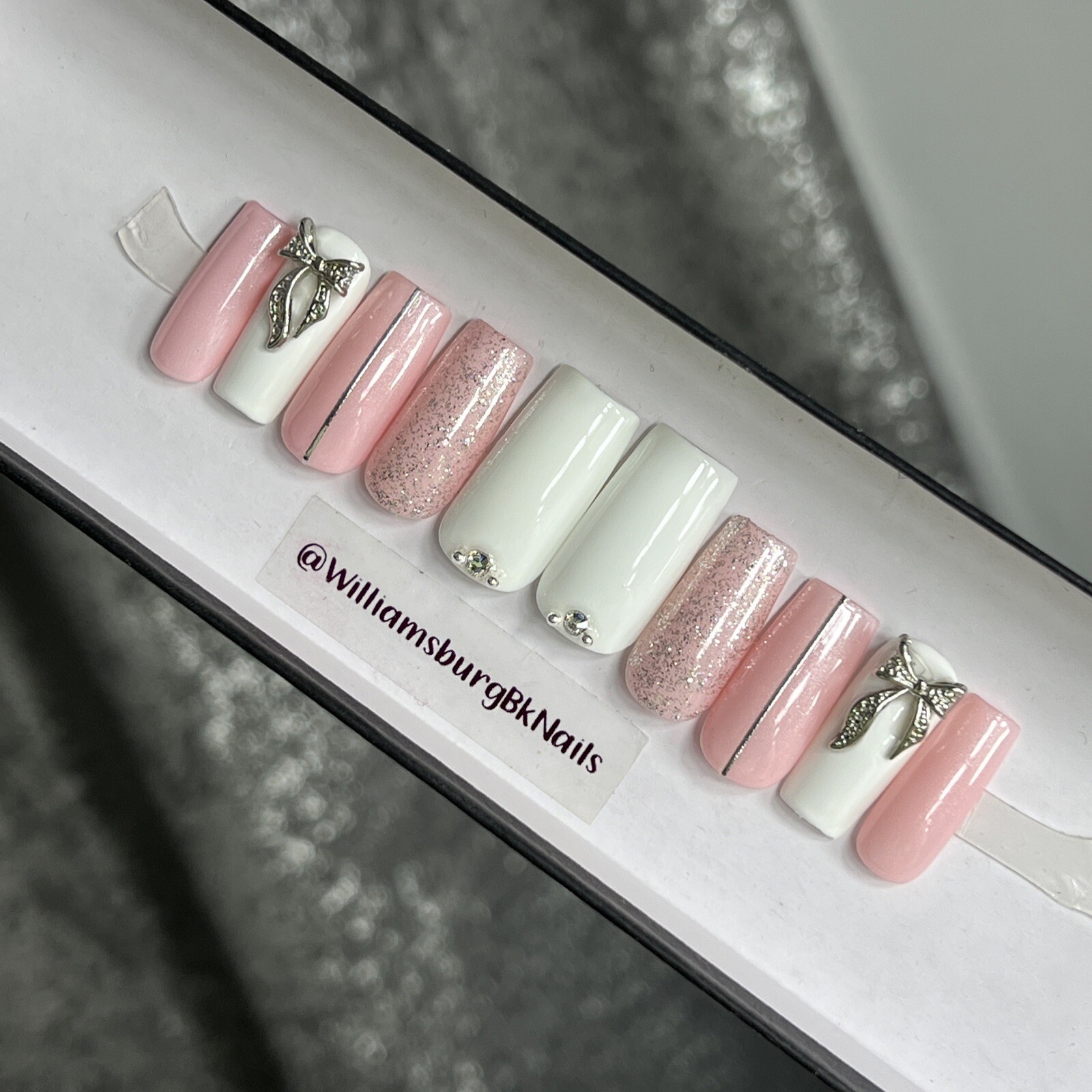 🎀 CUSTOM Gel Press On Nails, Pink BOW W/ Bling 10p set FULL SET W Kit