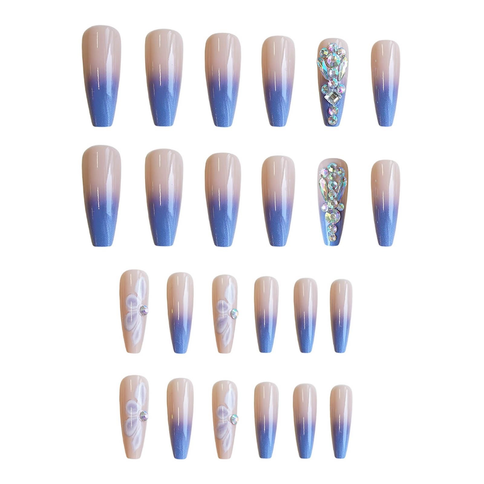 Blue Ombre French Tip Press On Nails with AB Rhinestones