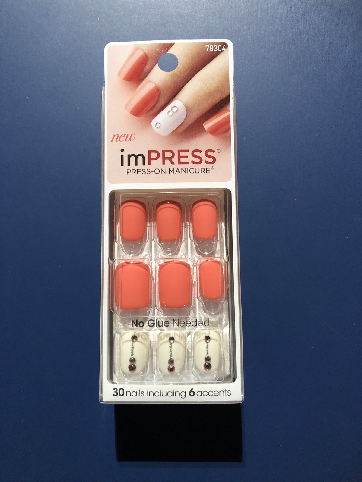 Kiss Nails Impress Press On Manicure Short Coral Orange White Silver Gems