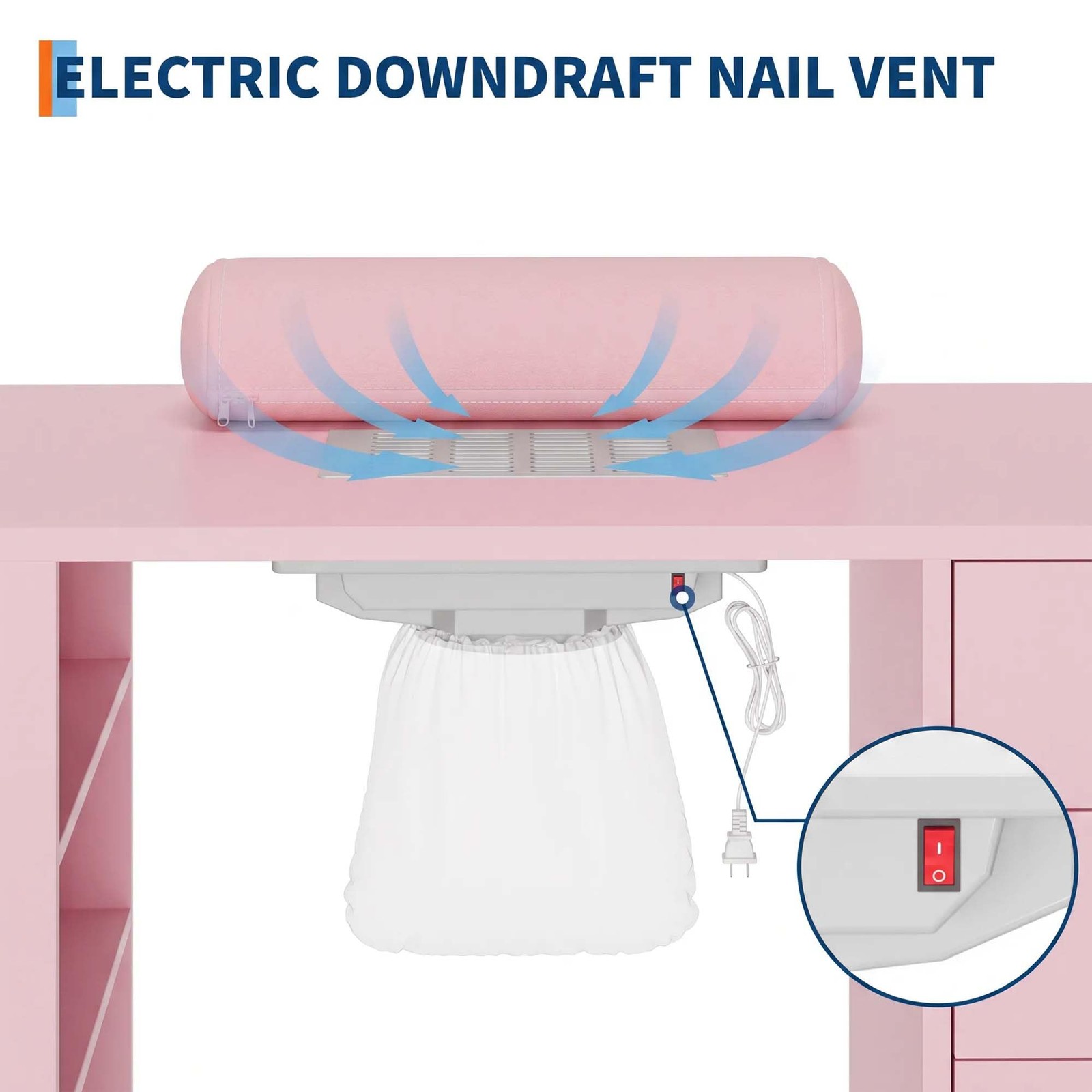 SunnyFurn 42.5” Nail Desk Pink w/ Dust Collector & Storage Drawers